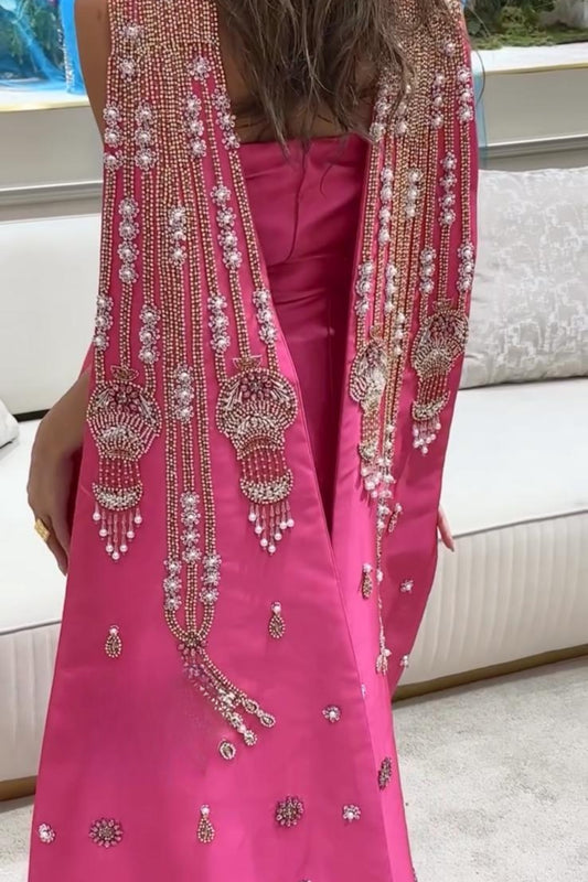 Luxury Sleeveless Pink Hand-Embroidered Gown