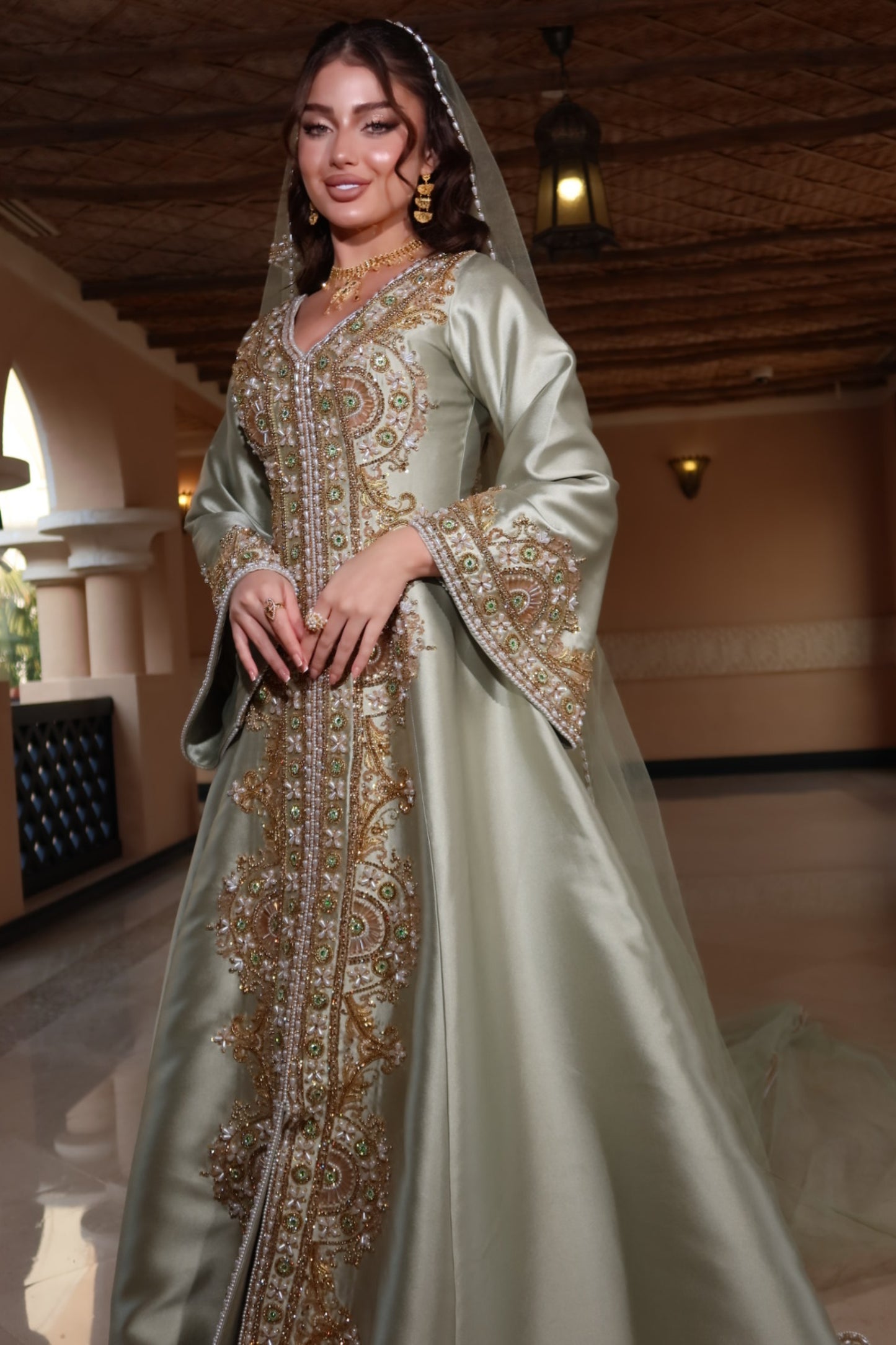 Light Olive Henna Dress with Embroidered Tulle Veil