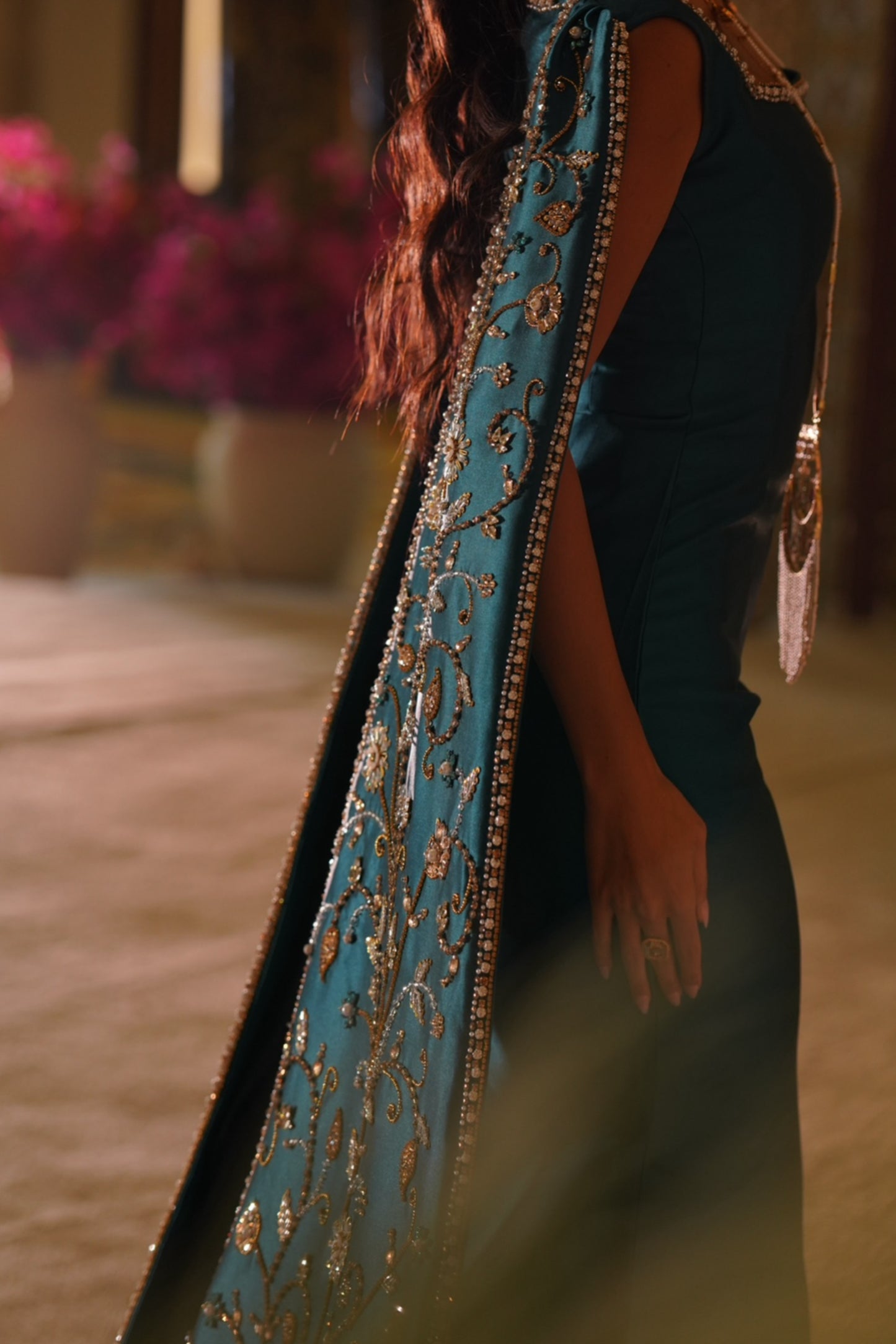 Luxury Blue Gown with Hand-Embroidered Train