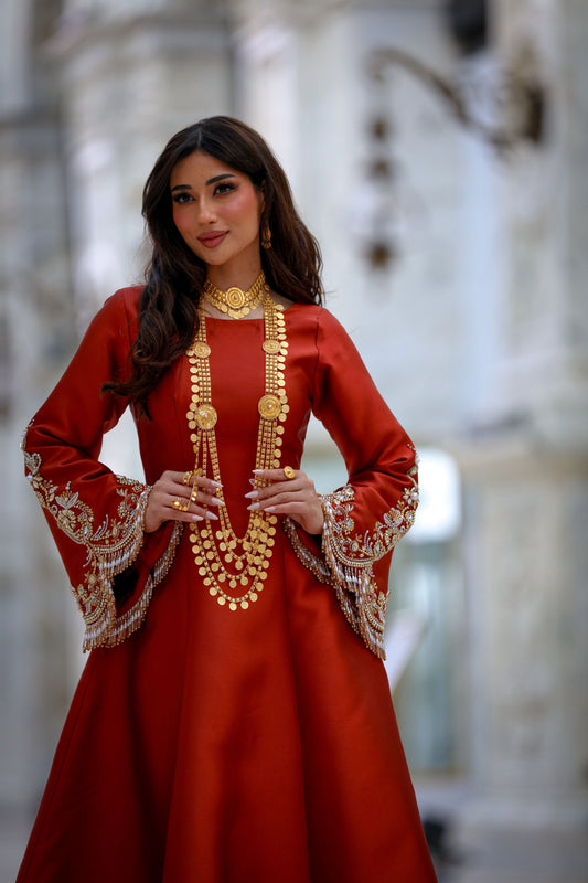 Luxury Dark Orange Mikado Gown with Hand Embroidery