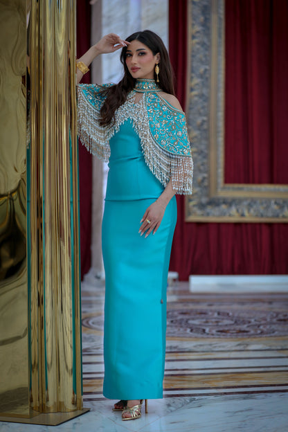 Luxury Turquoise Crepe Gown with Hand Embroidery