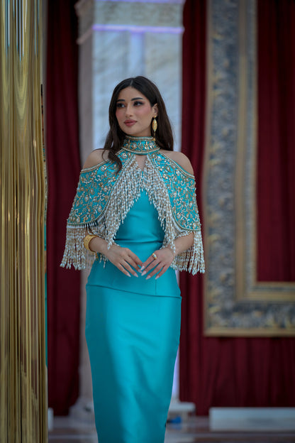 Luxury Turquoise Crepe Gown with Hand Embroidery