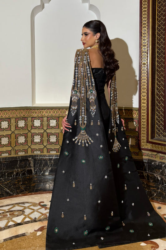 Black Gown Embroidered from Neckline to Train