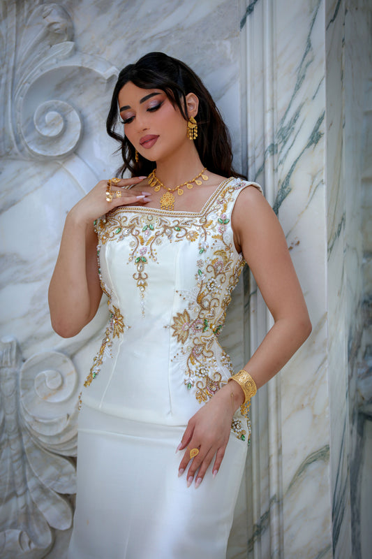 Luxury White Sleeveless Mikado Gown with Hand Embroidery