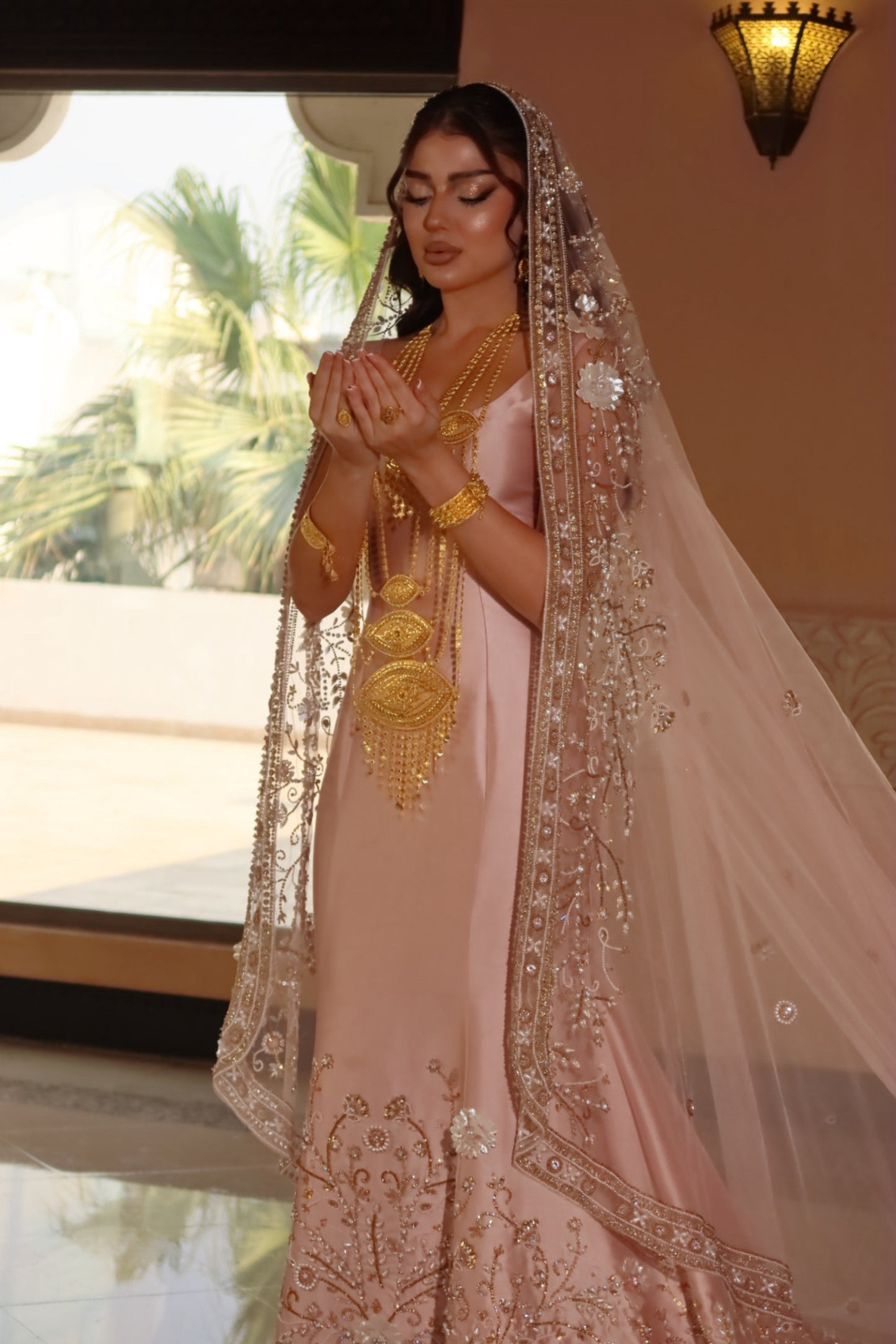 Pink Henna Dress with Embroidered Tulle Veil