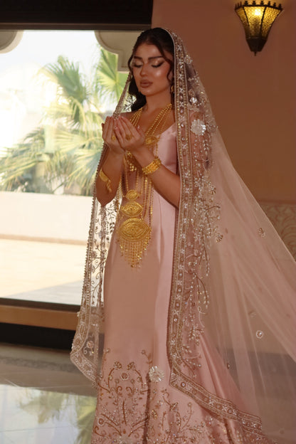 Pink Henna Dress with Embroidered Tulle Veil