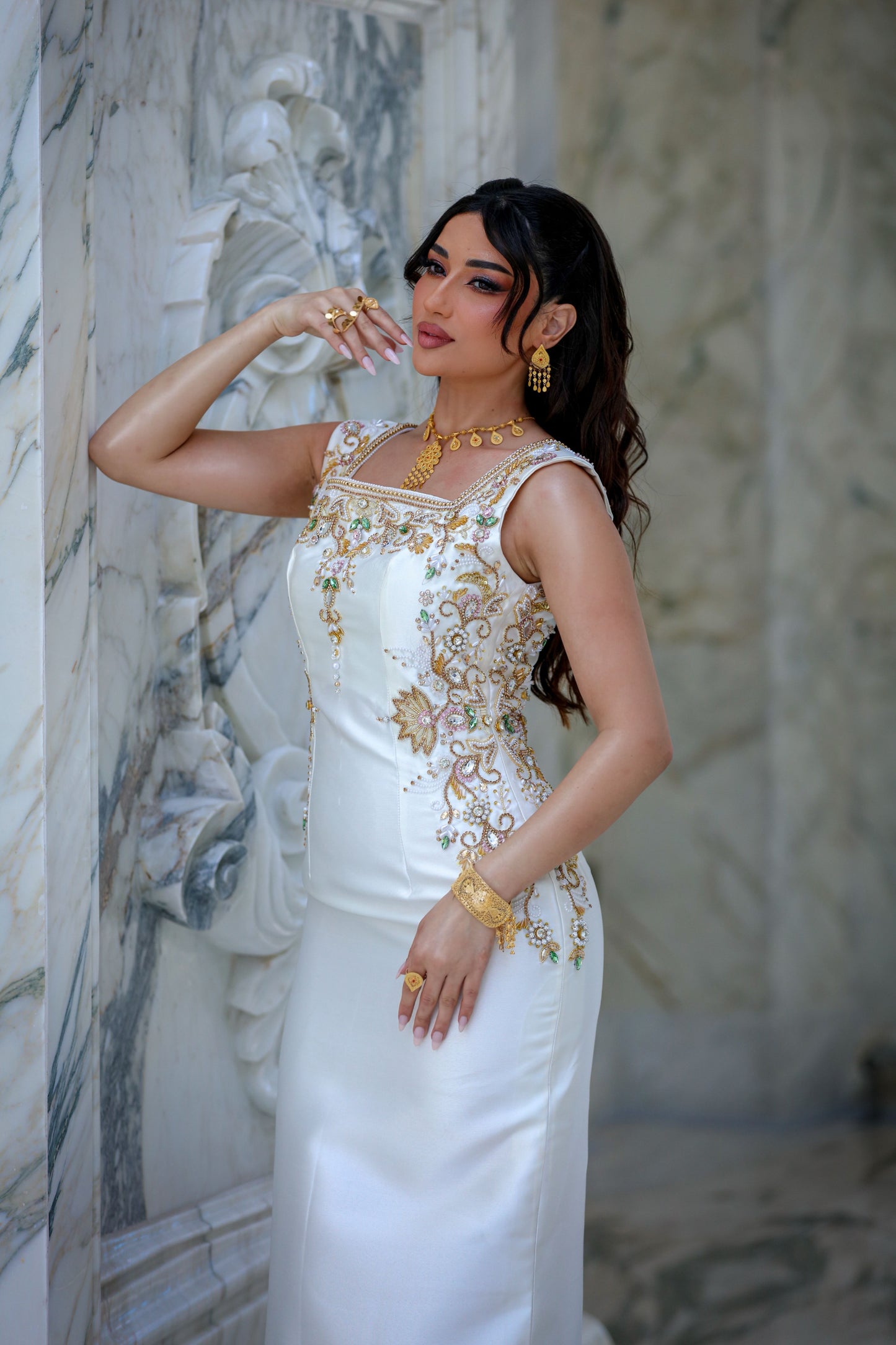 Luxury White Sleeveless Mikado Gown with Hand Embroidery