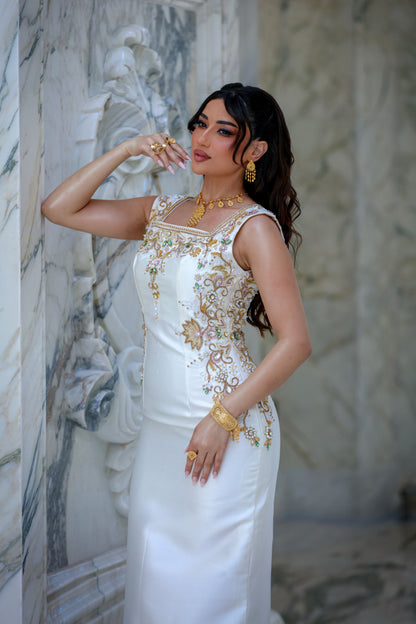 Luxury White Sleeveless Mikado Gown with Hand Embroidery