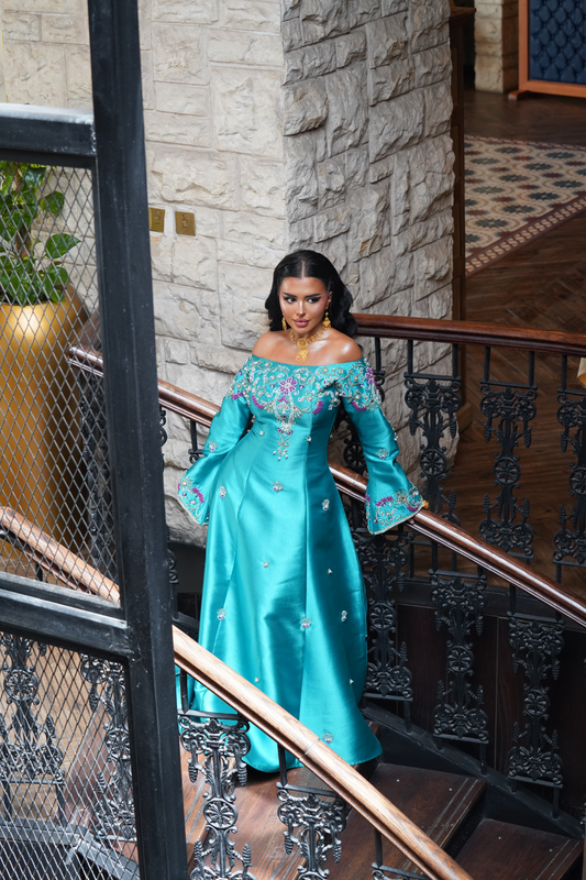 Turquoise Dress with Purple and Silver Embroidery
