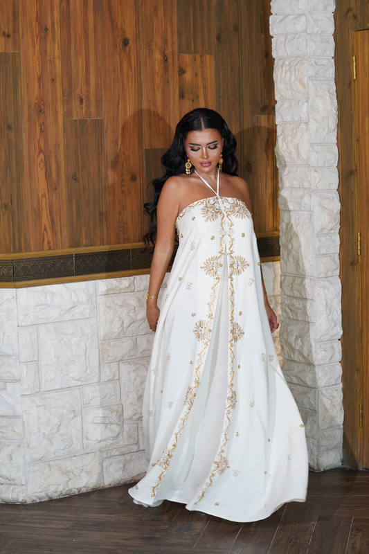 Off-White Gown with Golden Embroidery
