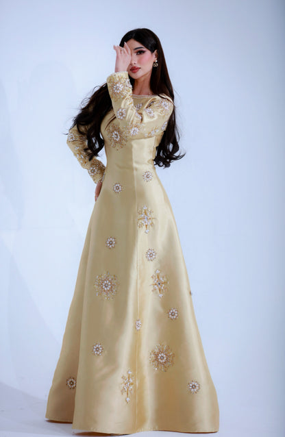 Luxurious Beige Gown with Golden Embroidery