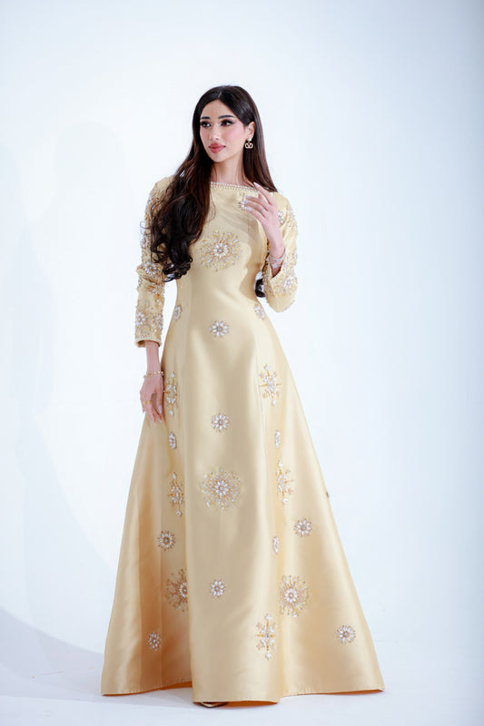 Luxurious Beige Gown with Golden Embroidery