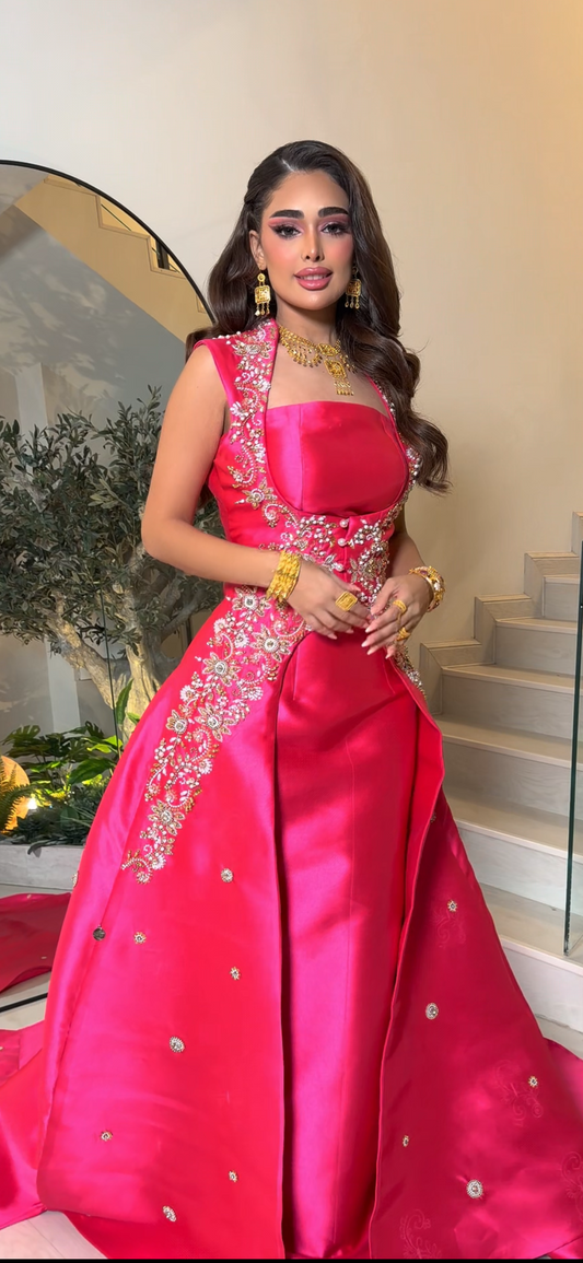 Luxury Fuchsia Dress with Hand Embroidery and Train