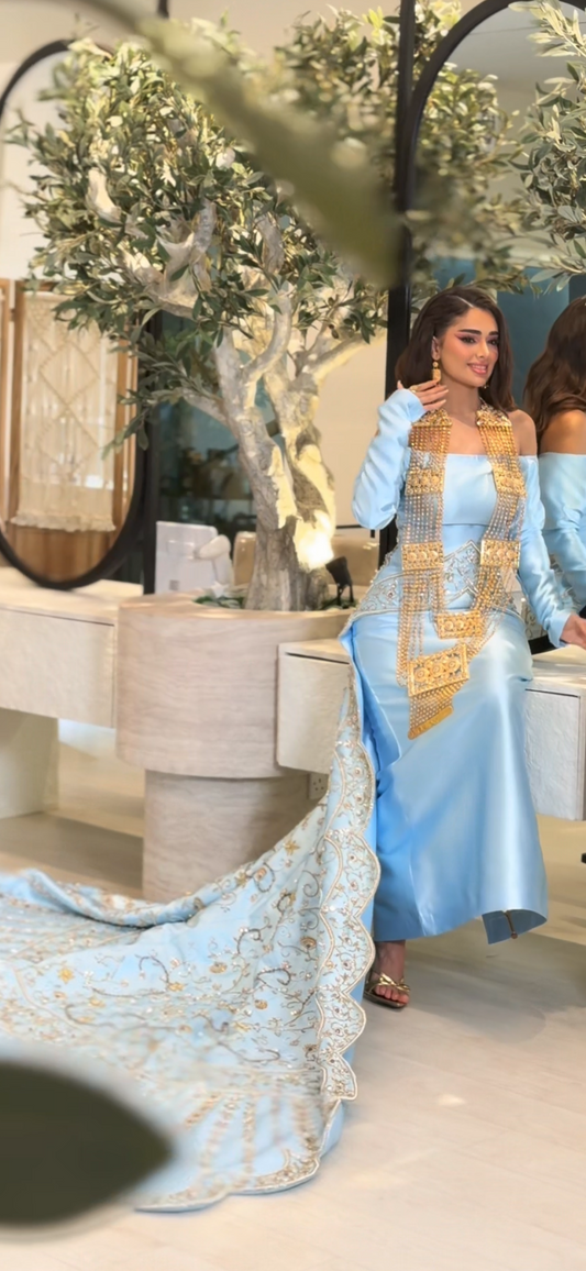 Sky Blue Henna Dress with Luxurious Embroidered Train
