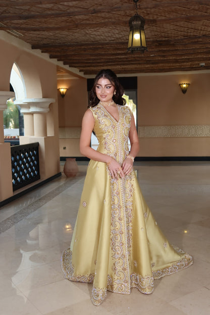 Luxury Gold Henna Dress in Mikado Fabric with Hand Embroidery