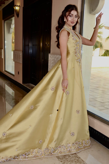 Luxury Gold Henna Dress in Mikado Fabric with Hand Embroidery