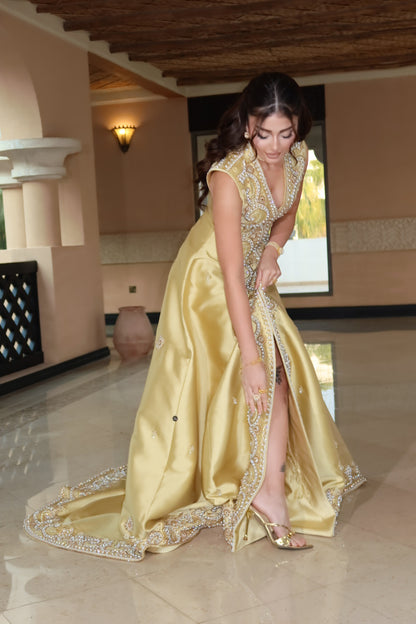 Luxury Gold Henna Dress in Mikado Fabric with Hand Embroidery