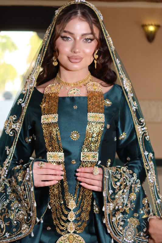 Emerald Green Henna Dress with Embroidered Tulle Veil